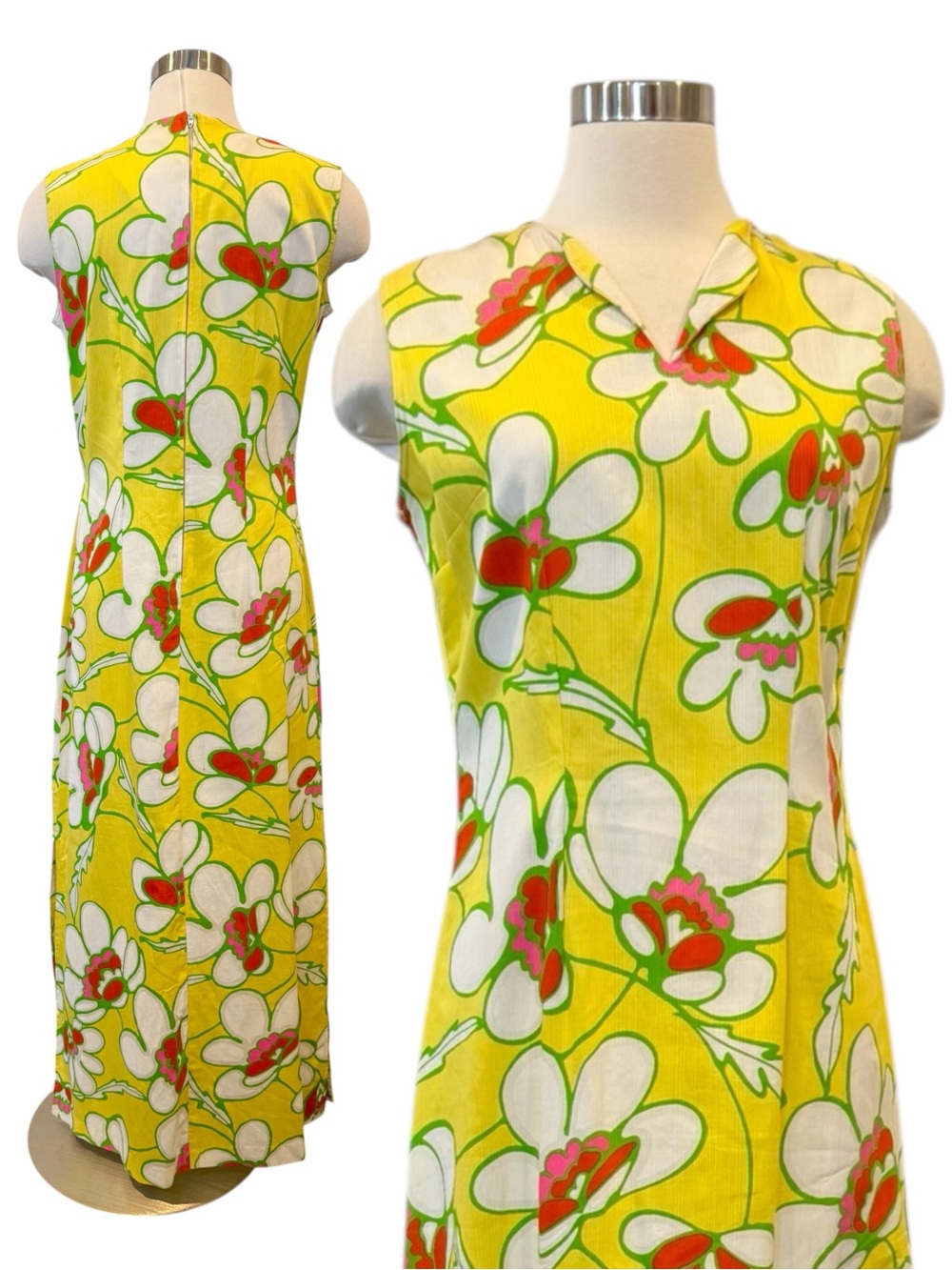 Vintage Hawaiian Bright Yellow Bold Floral Maxi Gown Sleeveless Kaftan Dress